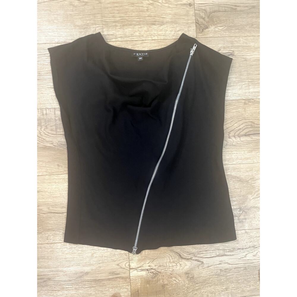 J'envie New York Black Tencel Blend Asymmetric Zipper Draped Cowl Neck Top M